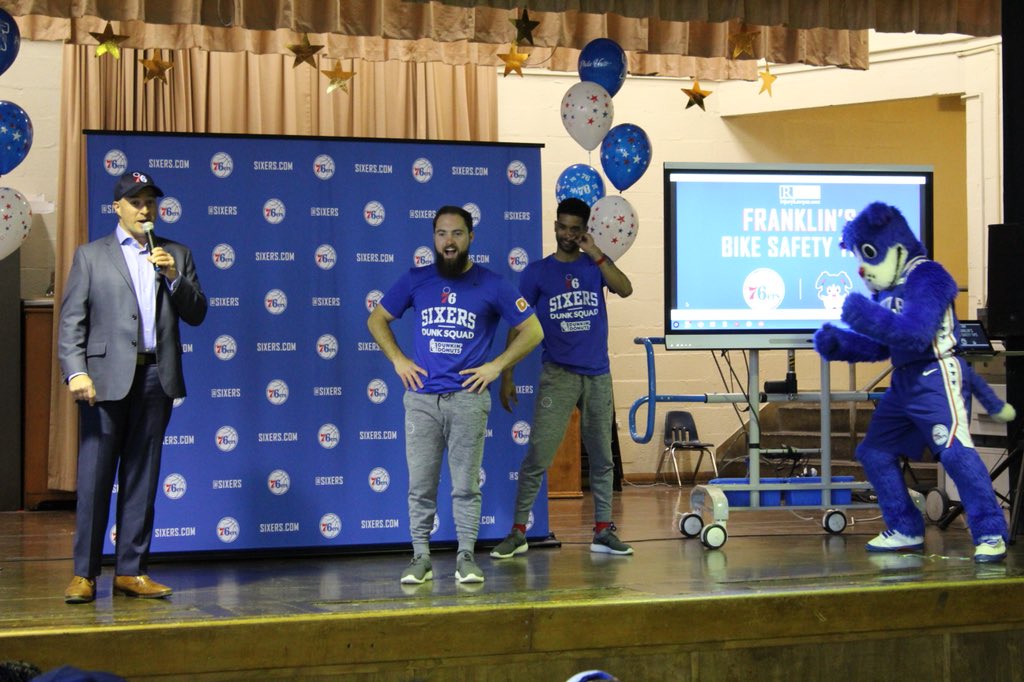 .@sixers teamed up with @RothenbergLaw to promote bike safety at Philadelphia’s William Dick School. @SixersFranklin and @SixersDunkSquad assisted in teaching each student how to have fun while remaining safe on their bikes! #SIXERSSTRONG