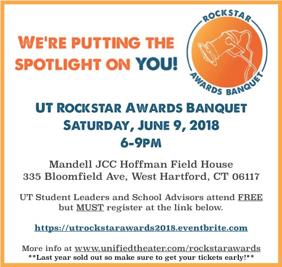 UnifiedTheater's tweet photo. Important date change for the UT Rockstar Awards!! Advisors and Leaders attend free but MUST reserve a seat! June 9, 2018 6pm-9pm https://t.co/Cmq36CWcir