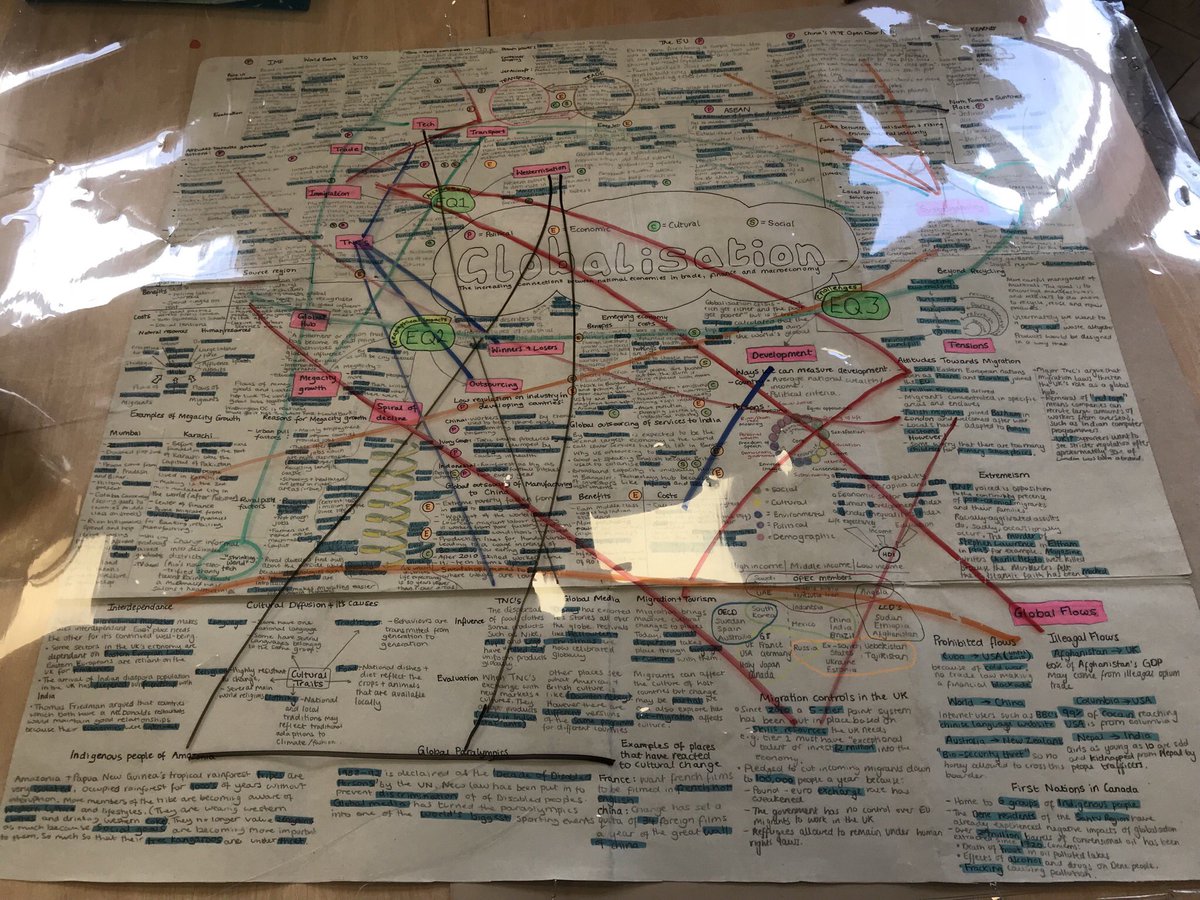GryphonGeogHOD's tweet photo. Just mind blowing HUGE work from a @verulamschool @Verulam6thForm #geography #alevel #edexcel student. #Mindmap their topic & #enquiryquestions. & then with acetate over the top drawing #keyconcept connections. @Verulearning #Brillant. #geographyteacher in the making. #WDJTGWCG https://t.co/EoaErELmBx
