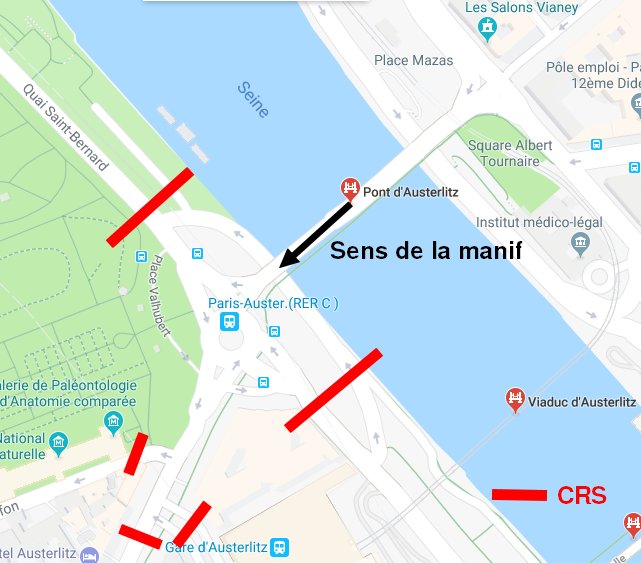 Trollken's tweet photo. Un petit récap de la situation quand la manif a passé le pont d'Austerlitz.
Certains appellent ça un parcours de manifestation, d'autres considéreront que c'était un guet-apens https://t.co/Q5UzFll4Gi