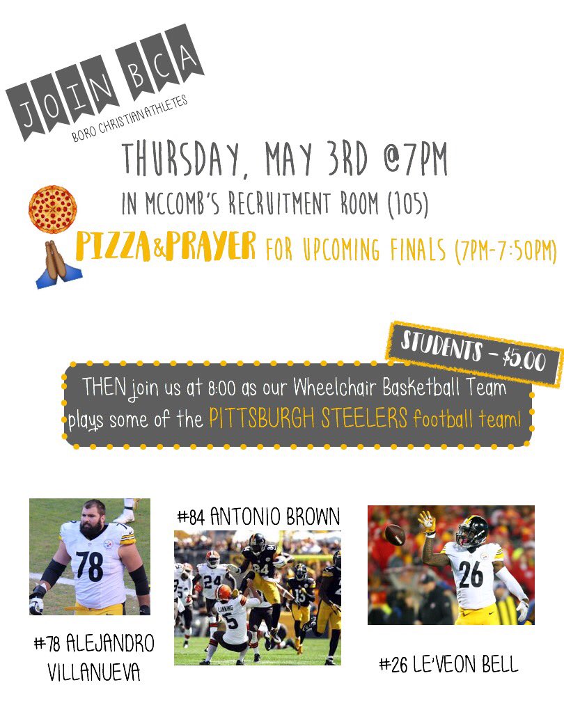 BCA18_19's tweet photo. Join us before the wheelchair basketball game vs the STEELERS for FOOD and PRAYER for finals week THIS THURSDAY!! https://t.co/JnJHN8blIf