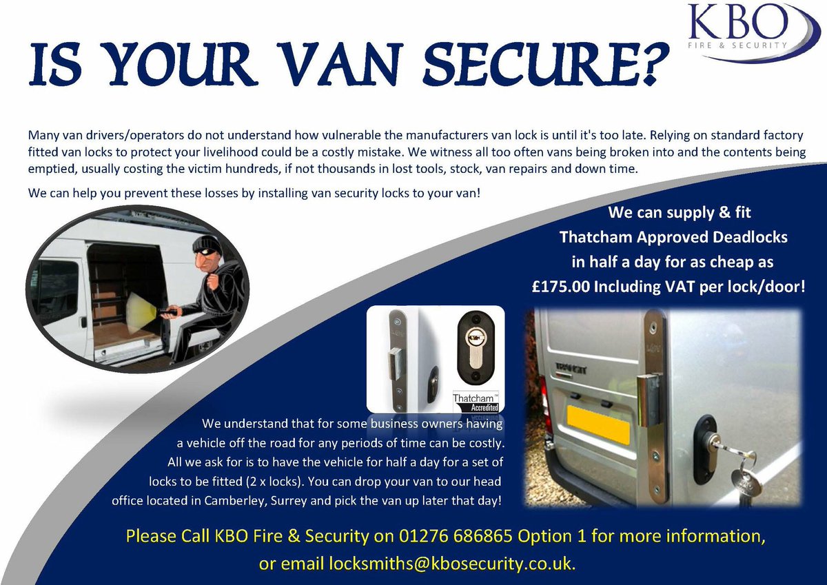 **WE NOW FIT VAN DEADLOCKS**
For £175.00 (per lock/door) we can supply &amp; fit #Thatcham Approved Deadlocks with minimal 'off the road' vehicle time....

#locksmiths #deadlocks #thatcham #van #secured #hampshire #surrey #berkshire #london #sussex
