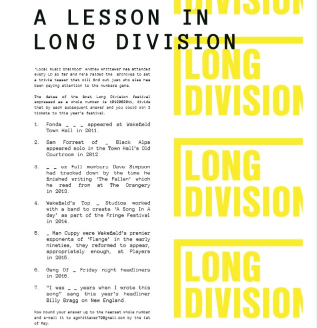 AGWhittaker1979's tweet photo. Flurry of correct answers coming through on deadline day for @rhubarbbomb 7.1 #Fanzine @Long_Division_ #TriviaTeaser #ALessonInLongDivision #LD2018 Still time to Direct message the answer. Competition closes at midnight https://t.co/0n5tWA6bXc