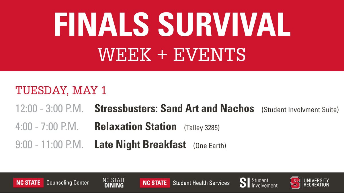NCStateNSP's tweet photo. Stop by the Relaxation Station in Talley 3285 (between now &amp; 7pm) or Late Night Breakfast in One Earth tonight for a study break! 😌🥞 #ThinkAndDo #NCStateOfMind https://t.co/0p67DRQ796