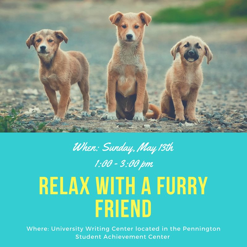 UNRUWSC's tweet photo. Finals are ruff, come into the Writing Center to relax and pet a pup!
Sunday, May 13th
1:00 - 3:00 pm
#UNRWriting https://t.co/Npl9LqqyHm