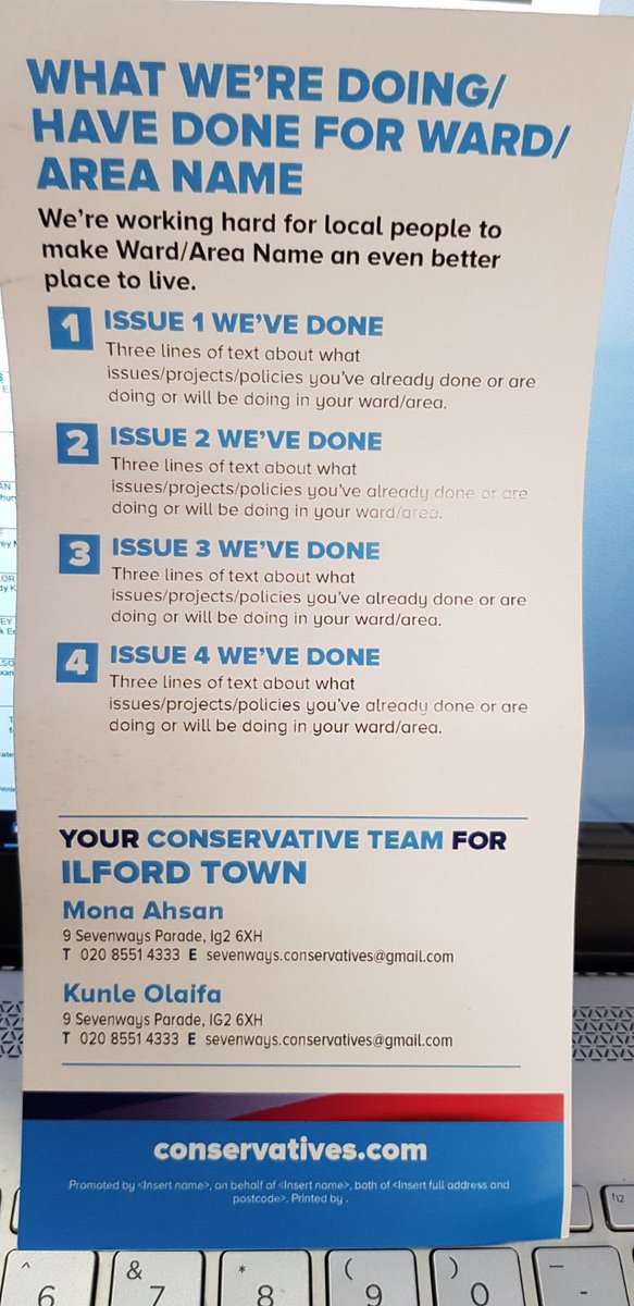 PhilStanier's tweet image. Nice leaflet from the Ilford Conservative Party. #MailMergeFail