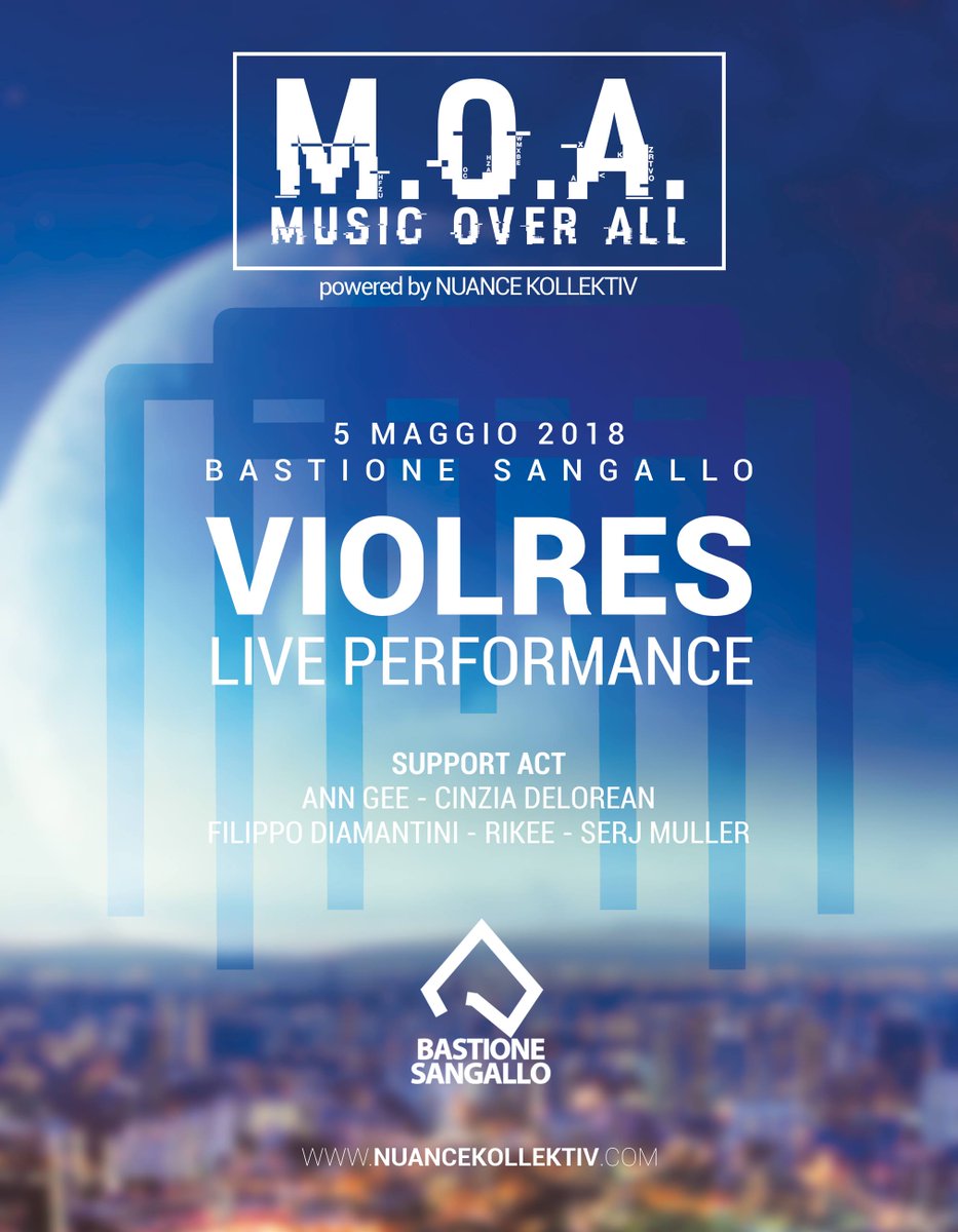 cinziadelorean's tweet photo. Sabato 5 maggio al #BastioneSangallo @NuanceKollektiv presenta 
#MOA | Music Over All w/ VIOLRES Live⚡
Support act
@FilippoDiamant2 @SerjMuller @RichiP_DJ @AngelicaAiudi &amp; @cinziadelorean
#MusicaElettronica #Fano https://t.co/G7UEaNOYzg