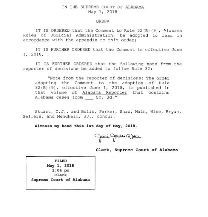 AlabamaStateBar's tweet photo. A comment to the amendment adding Rule32(B)(9) was adopted as well. The new rule takes effect June 1, 2018. #ChildSupportGuidelines https://t.co/6pIfwyIyUi