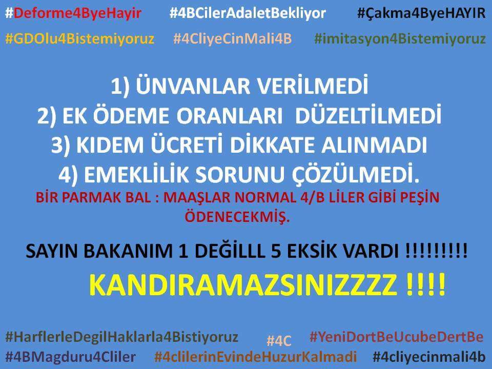 mirzazeynel26's tweet photo. 4/C’den 4/B’ye geçirilen bizler için.                                               1-Ünvanlar
2-Ek ödeme 
3-Kidem Ücreti
4-Erken Emeklilik
5-Pesin Maaş 
Bu taleplerimizden sadece 1 inin karşılanması bizi susturmaz. @jsarieroglu @naci_agbal @_aliyalcin_  @HBTONBUL https://t.co/foHRKlb0AJ