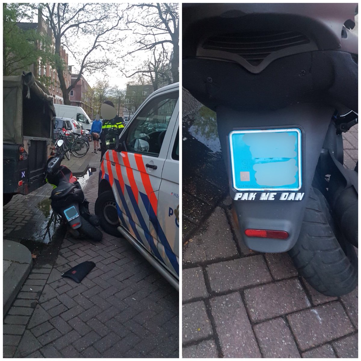 POL_RotterdamC's tweet photo. De bestuurder van deze #scooter probeerde er bij een #staandehouding tussen uit te knijpen. Hij had een verzoekje onder zijn #kenteken staan. Na een wilde #achtervolging hebben wij samen met @Pol_Delfshaven zijn verzoek #ingewilligd en de bestuurder #aangehouden. #Pakmedan. ^JS https://t.co/4aQi5XUBC0