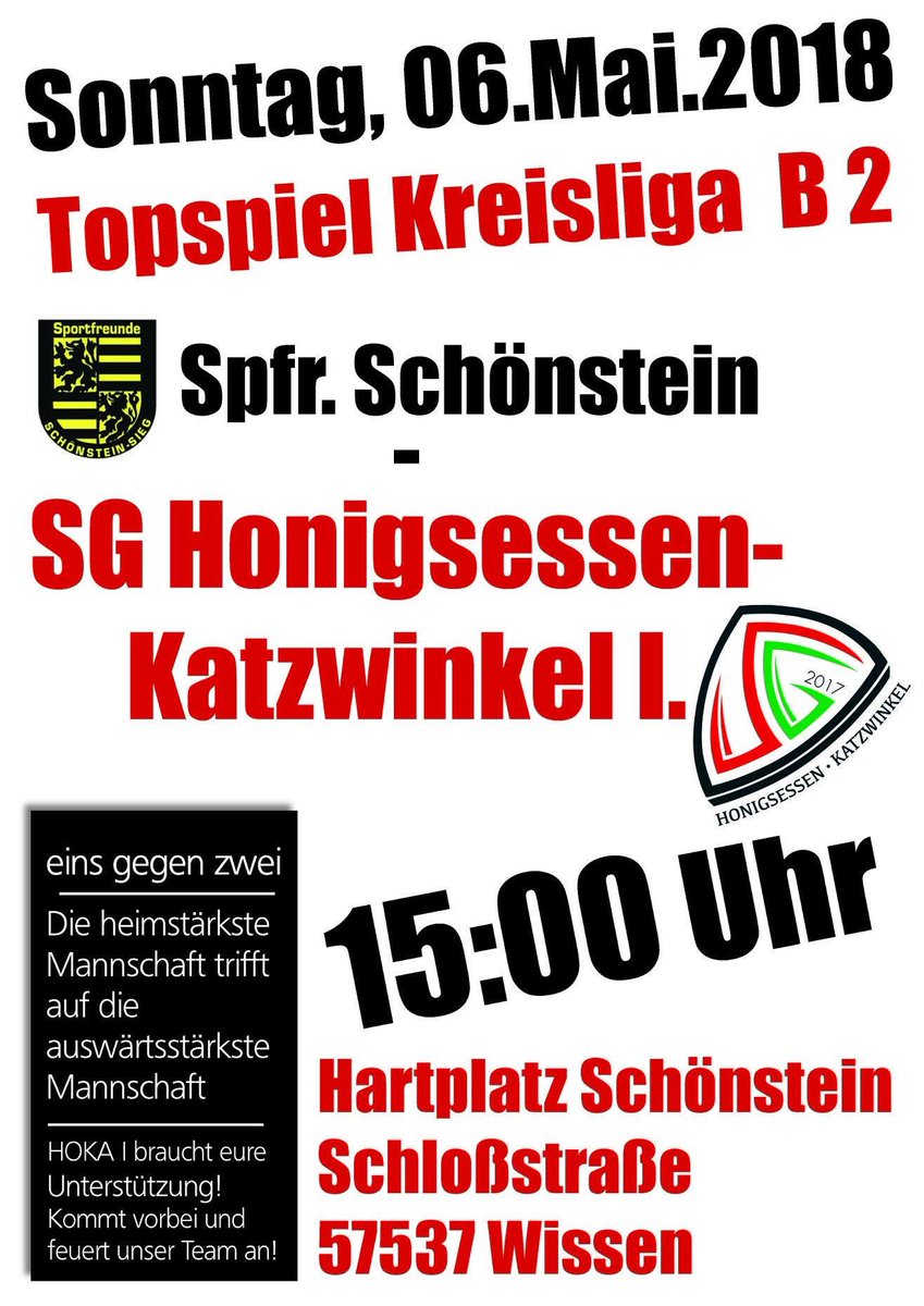 eierjuppes's tweet photo. Alle Katzwinkler und Birken-Honigsessener auf nach Schönstein zum absoluten Top-Spiel der Kreisliga B

#esistangerichtet
#showdowninschoenstein
#schuernstengegenhokaeins
#mehrtopspielgehtnicht
#feuerfreiausallenrohren
#hokaeinsbrauchteureunterstützung
#mitallemannnachschoenstein https://t.co/QaokKuxqSH