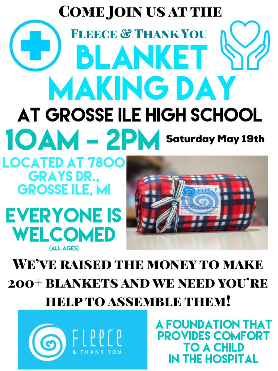 hannahrt1216's tweet photo. We’ve raised enough money for 200+ blankets and now all we need is your help to make them! Please come to GIHS on May 19th from 10am-2pm to help! Everyone is welcomed (all ages)! Hope to see you there! (Great way to get last minute NHS volunteer hours) @laurennaso https://t.co/6L1zQoWOoK
