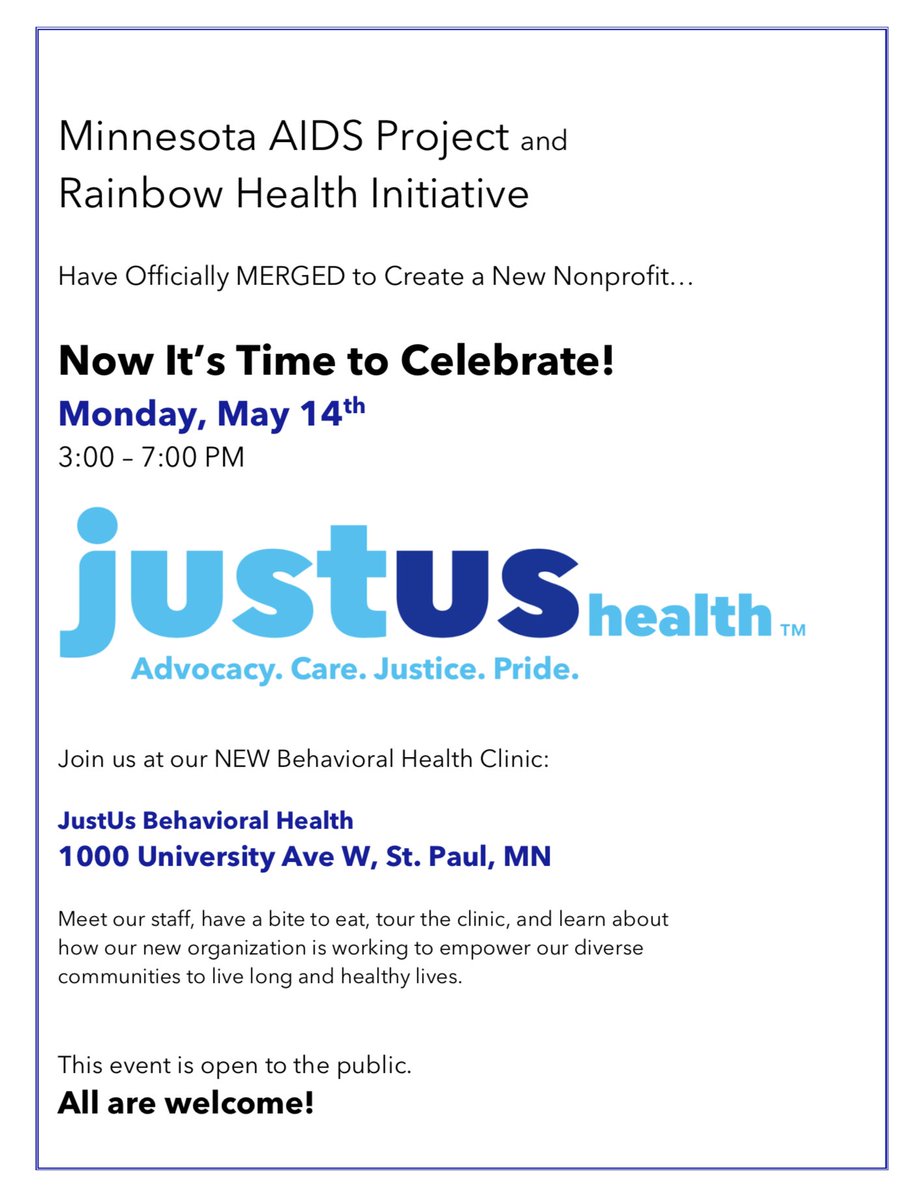 Open House for @JustUsHealth Monday, May 14th 3-7PM at 1000 University Ave W, St. Paul, MN! This event is open to the public and ALL are welcome!