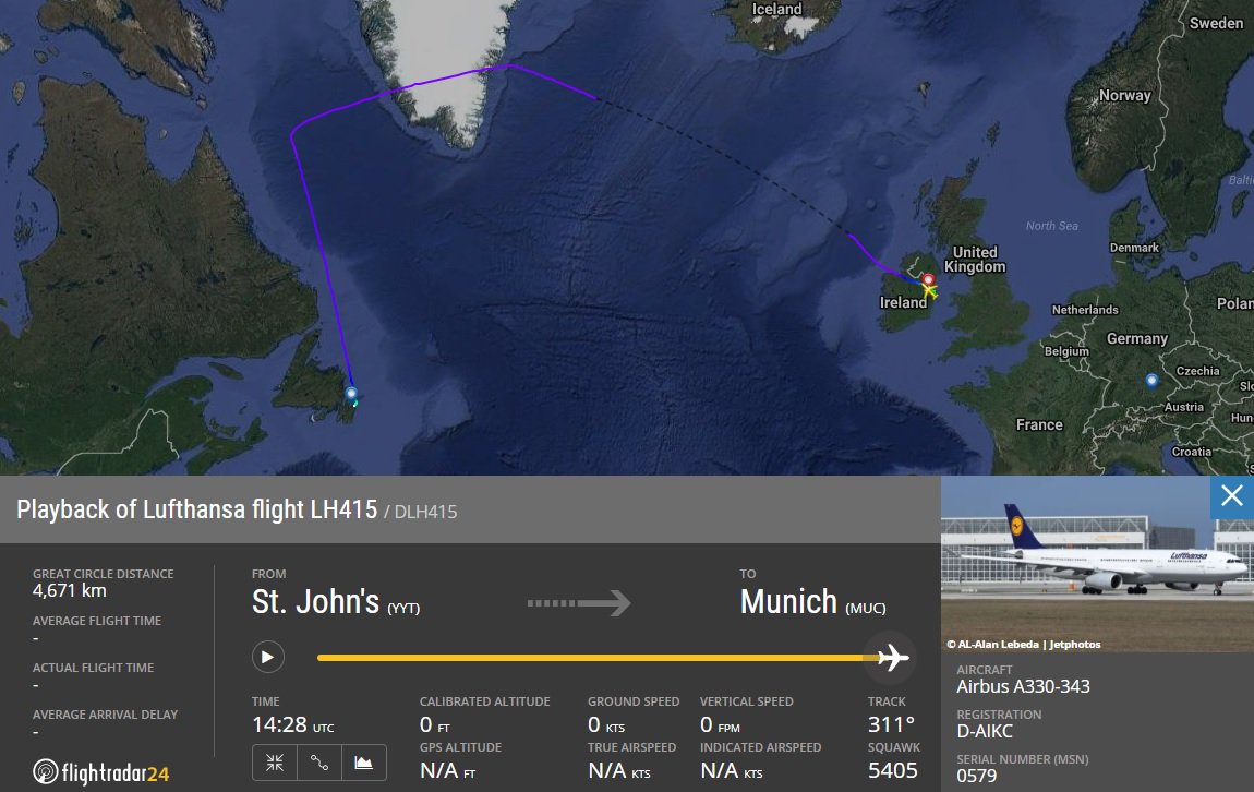 AirportWebcams's tweet photo. LIVE: It's been a long day for passengers on Lufthansa #LH415 from Washington to Munich (Airbus A330 D-AIKC). Diverted to St John's with a medical emergency, then into Dublin for a crew change, it's now inbound MUC ten hours later than its STA. https://t.co/glM6l4ke2E https://t.co/ThbUUNgZNe