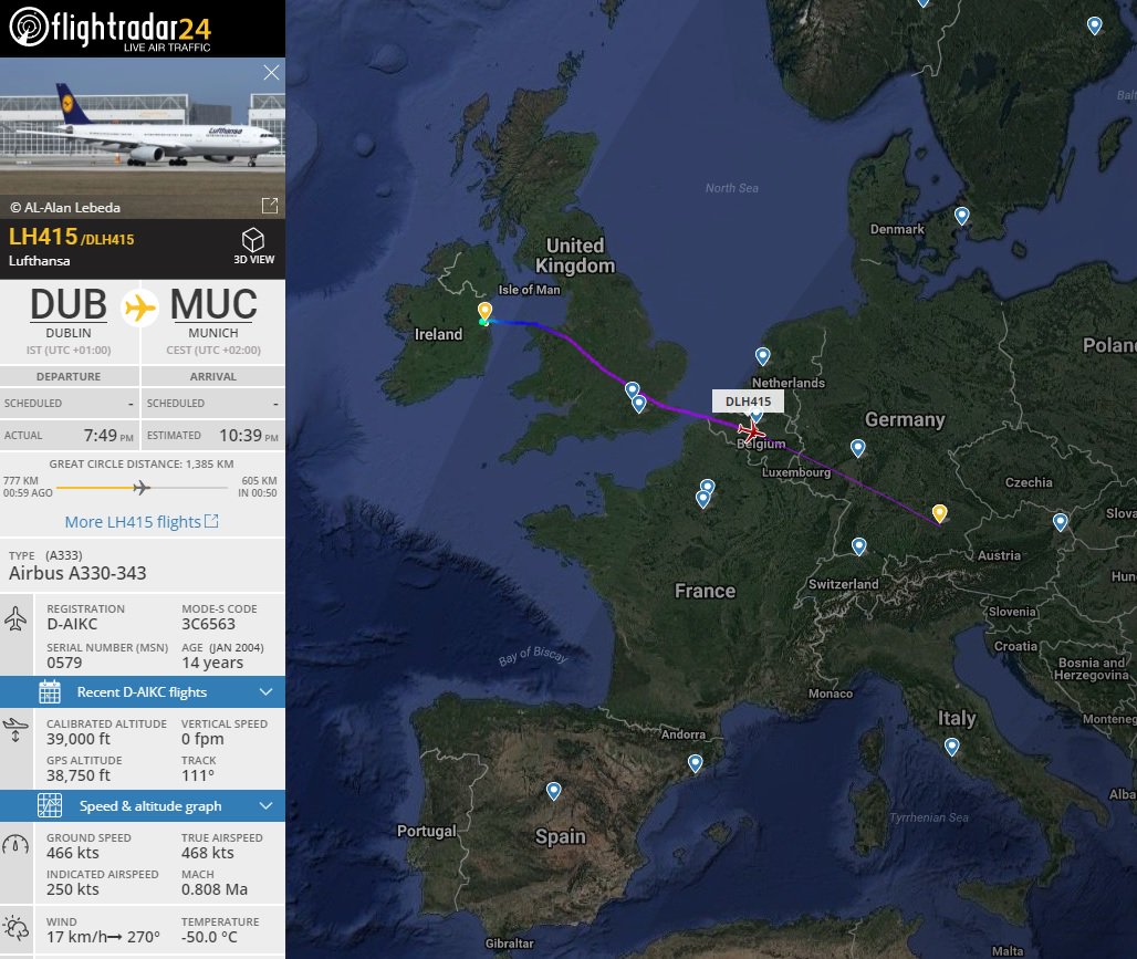AirportWebcams's tweet photo. LIVE: It's been a long day for passengers on Lufthansa #LH415 from Washington to Munich (Airbus A330 D-AIKC). Diverted to St John's with a medical emergency, then into Dublin for a crew change, it's now inbound MUC ten hours later than its STA. https://t.co/glM6l4ke2E https://t.co/ThbUUNgZNe