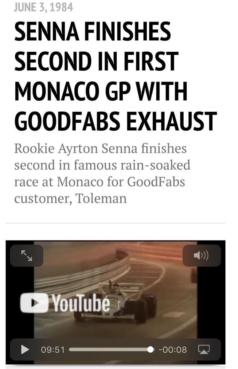 GoodFabs's tweet photo. Remembering Senna - we started in F1 together with Toleman.      Last laps of the amazing Monaco Grand Prix 1984, LIVE BBC COMMENTARY https://t.co/bK3NKjSJQr via @YouTube #SempreSenna https://t.co/H8Qgq9Eop5