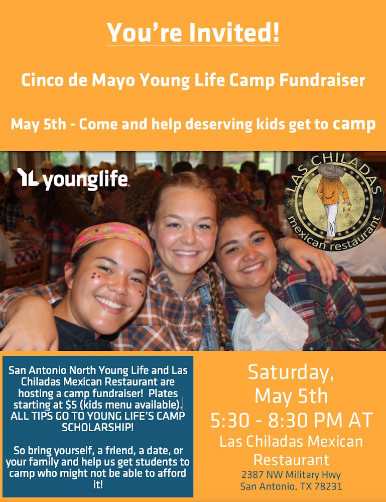 SANYOUNGLIFE's tweet photo. Come to dinner May 5 @ Las Chiladas! Your tip for the meal goes to a Young Life student's camp trip. Come 5:30-8:30 PM.
2387 NW Military Hwy
San Antonio, TX  78231 https://t.co/BWCaUgxIYs