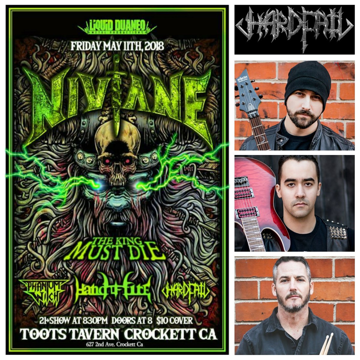 hardfailband's tweet photo. 10 days until the epic first show!
w/ @NivianeMetal @handoffireband @TKMDband @ThrashPW 
@tootstaverncroc Crockett, CA
May 11, 2018 at 8pm (Doors open at 7 pm)
Put this shit on your calendar and come break your neck with us!
Special thanks to Liquid Duaneo Metal Productions https://t.co/6OpBAYysB5