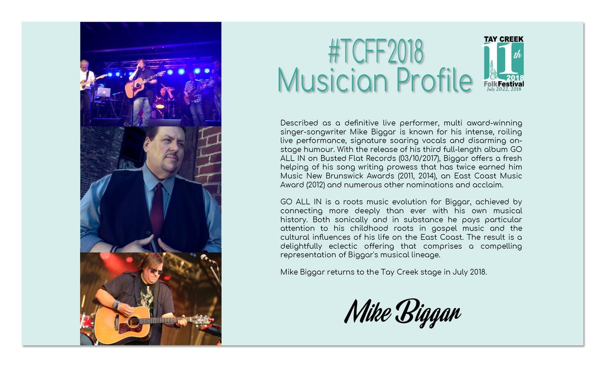 SNEAK PEEK! **Chance to win!** Full Lineup Release on May 15th.  @mikebiggar will play Sunday afternoon at #TCFF2018. Check out this <a href="/MusicMusiqueNB/">Music • Musique NB</a> award winner!  buff.ly/2HkwzXX  **WIN** one of Mike's CD's + a t-shirt by Retweeting!