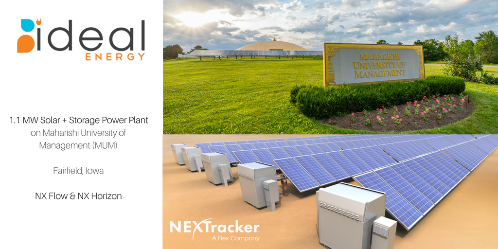 IdealEnergy's tweet photo. #storageishere in Iowa! Today we're announcing Iowa's largest solar &amp; storage power plant at Maharishi University of Management.  The 1.1 MW project will be constructed using @NEXTracker's integrated battery and single-axis tracker systems. Construction begins this summer. https://t.co/VmcAbUkXvQ