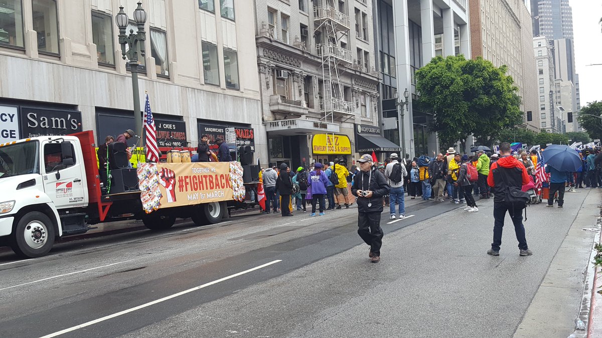 LAPDHQ's tweet photo. #MayDayLA remains peaceful. No arrests or incidents to report at this time. Time and time again we see Angelenos leading by example. Stay dry out there! #LAPD https://t.co/bxM50FlqTg