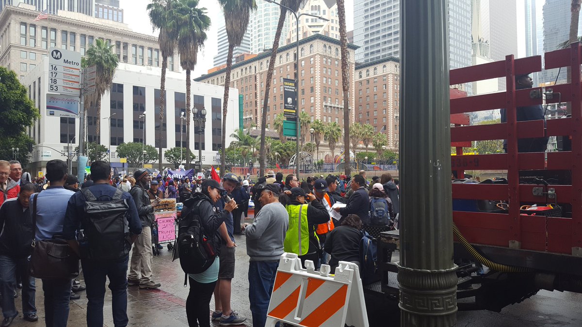 LAPDHQ's tweet photo. #MayDayLA remains peaceful. No arrests or incidents to report at this time. Time and time again we see Angelenos leading by example. Stay dry out there! #LAPD https://t.co/bxM50FlqTg