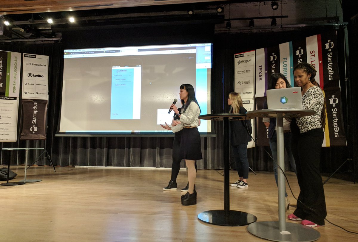 MLHacks's tweet image. Fifth is PetFolio, a digital identity for your pet. This project uses the #blockchain to easily share and verify the information. This amazing group of women already has meetings with VCs lined up for this week! #startupBus