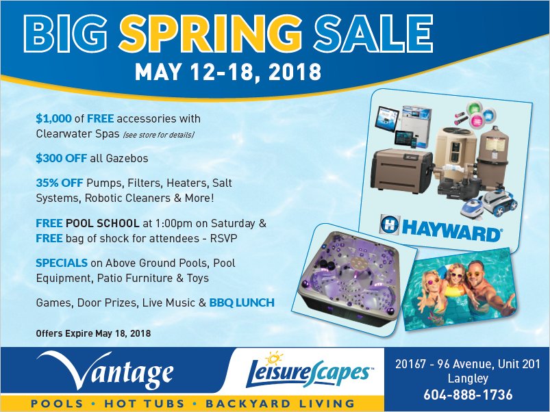 VantagePools's tweet image. Join us Saturday May 12 for our annual Big Spring Sale. Pools, hot tubs, supplies, gazebos, patio furniture &amp;amp; more! #poolsale #leisurescapes #vantagepools #poolsupplies