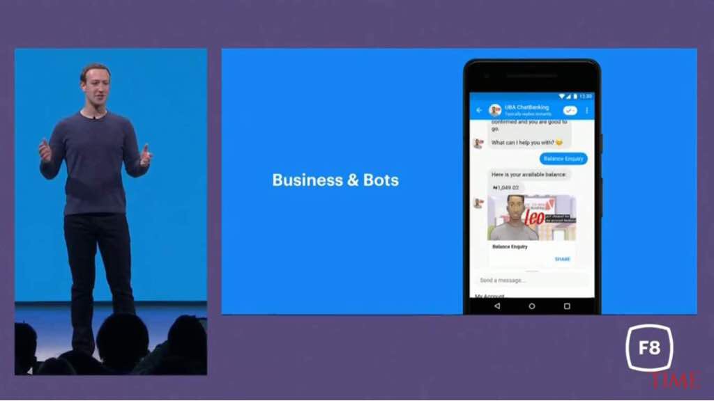 UBAGroup's tweet photo. Mark Zuckerberg showcases LEO at @facebook #F8 Conference today. Leo was the only artificial intelligence (AI) shown in Mark’s 30 minutes presentation. In his words, 
 “Leo is doing incredible things” https://t.co/gm6VkaBjNq