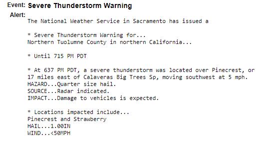 SEVERE THUNDERSTORM WARNING

Issued for Tuolumne County

Through 7:15 p.m.

Storm located over Pinecreast, 17 miles E of Calaveras Big Trees, moving SW. 

sacramento.cbslocal.com/category/weath…