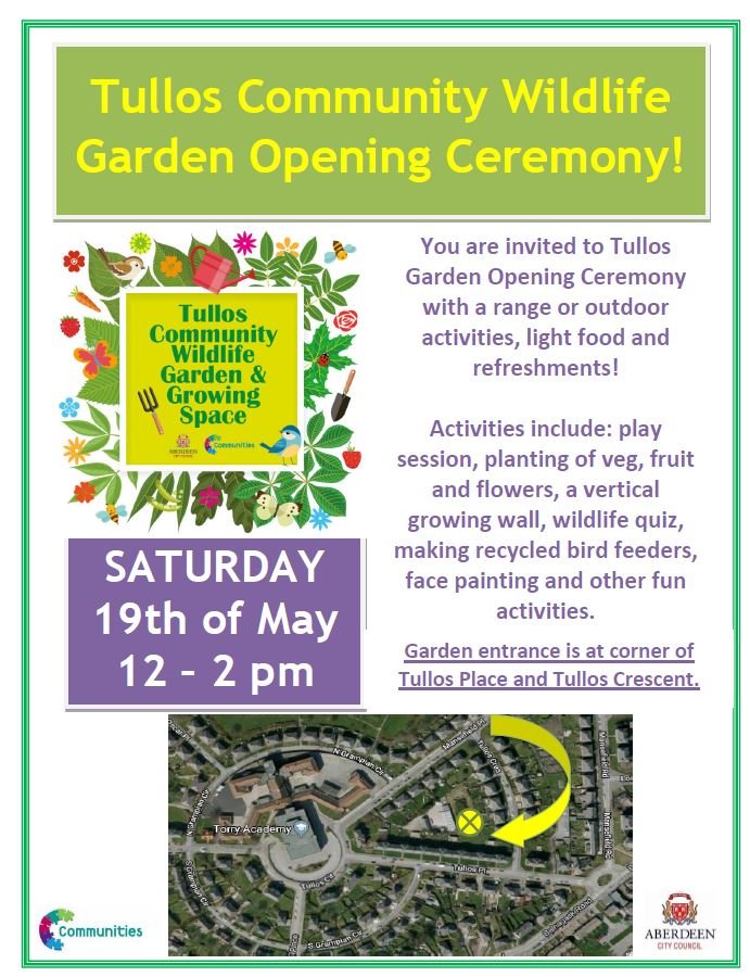 CommunityTorry's tweet photo. Tullos Community Wildlife Garden Opening Ceremony will be happening on Sat 19th May from 12 - 2pm.  Come along &amp; meet our team, there will be plenty of activities on hand for all ages, enjoy some light refreshments from Sean @CFINEAberdeen #greenspace #community #Torry🌻🥒❤️ https://t.co/6bp8qVaELO