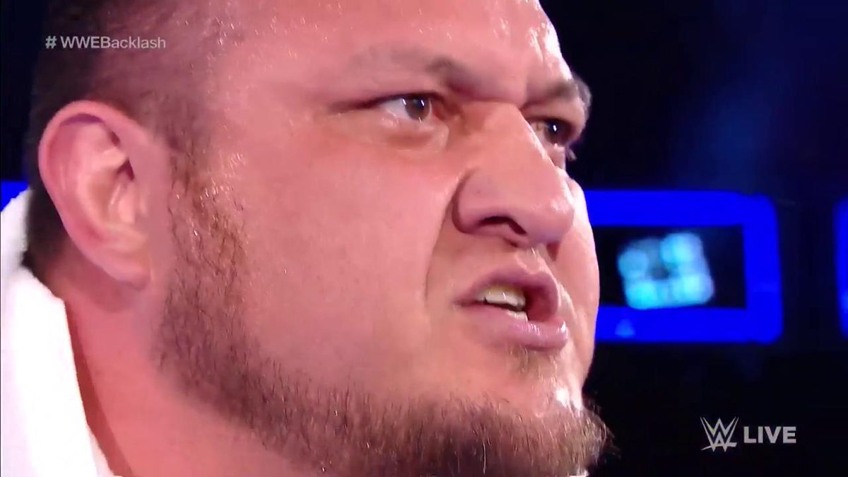 WWE's tweet photo. "Whether it be you or @ShinsukeN who are victorious this Sunday at #WWEBacklash, I'm coming to BEAT YOU DOWN and TAKE the #WWEChampionship! Oh, BELIEVE THAT!" - @SamoaJoe #SDLive @AJStylesOrg https://t.co/HdDobhGHEh