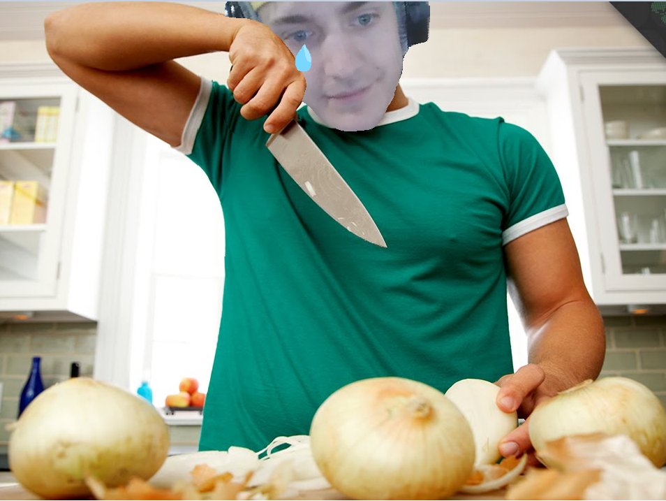 twitch streamer and Fortnite pro player Ninja chopping onions and crying