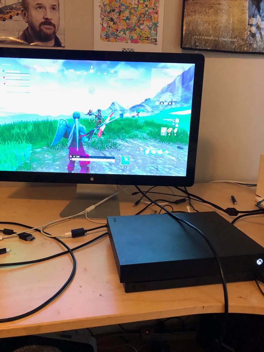 imhotteronline's tweet photo. Got my#XB1 to run at full 2560x1440p screen res on my 27” #Apple LED Cinema Display, WITH VOLUME! Playing #Fortnite and whoopin. beautiful. https://t.co/tDySp4ZSnq