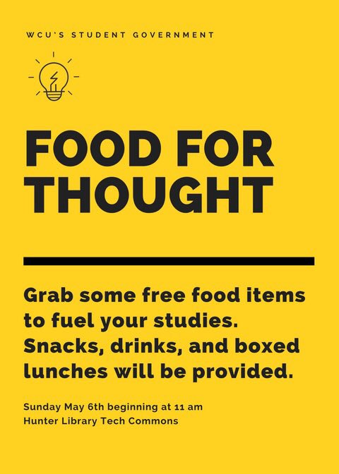 SGA_WCU's tweet photo. Who will we see in the Tech Commona on Sunday for free food? https://t.co/VeTekOJD96