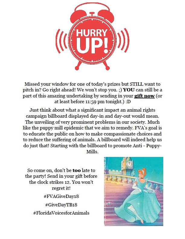 Tick Tock for Give Day! #FVAGiveDay18 #GiveDayTB18 #FloridaVoicesforAnimals givedaytampabay.mightycause.com/story/Vqcglf