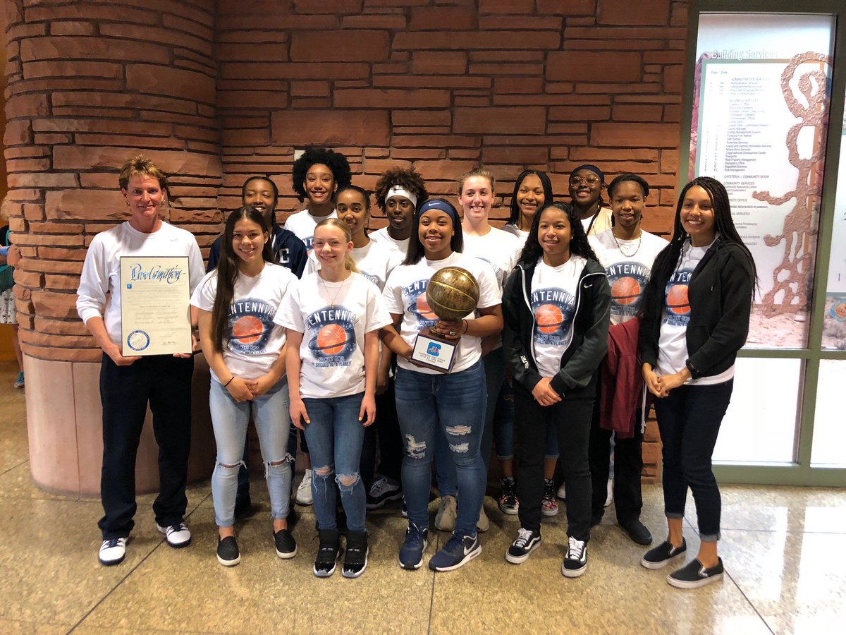 ClarkCountyNV's tweet photo. A special group of young ladies! #ClarkCounty Commissioners today recognized @centennialgbb 🏀for their 4th straight Nevada State High School #Basketball Title. Bulldogs went 29-3, ranked in top 10 in country... and maintained a team GPA of 3.4 in the classroom! #Vegas https://t.co/1t6SmadMwQ