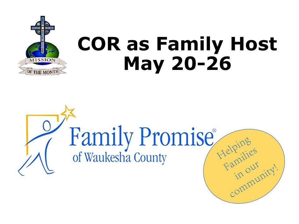 CORPewaukee's tweet photo. We are excited to announce that COR will be hosting a family at our church May 20-26th. We will need several volunteers to assist as well as supplies. Please sign up at the Welcome Center.  Please contact Laurin Discher at 262-894-2639 or lkdischer@gmail.com with any questions. https://t.co/ltAPYw4dtq