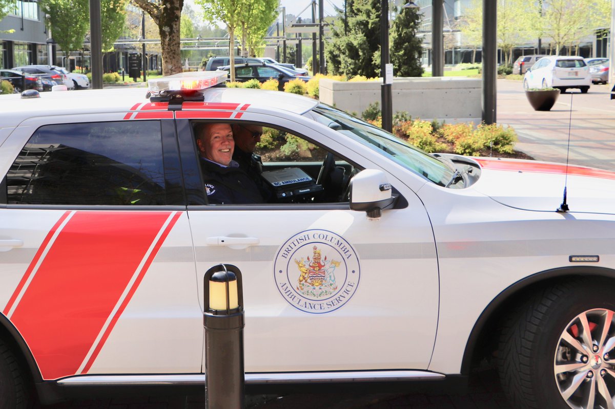 BC_EHS's tweet photo. The #Premier of BC wanted a first-hand look at the #overdose crisis from the perspective of our #BCEHS paramedics.

John Horgan went 'lights and sirens' with paramedic Brian Twaites today. https://t.co/4isHivsnn7