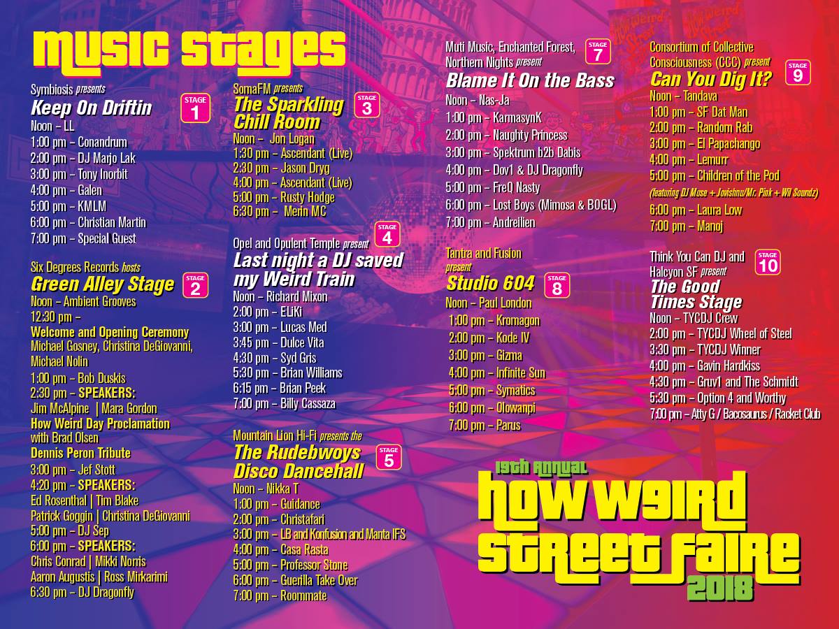 HowWeirdSF's tweet photo. Here it is! the full schedule. Who are you most excited to see this year? https://t.co/iKcjkWy7NI
# Sunday #May6 #HowWeirdStreetFaire #PeaceAndLove #Music #Art #Dance #costumes #fun #SanFrancisco #howweirdday #BayArea #DiscoBallInferno https://t.co/duD5Nhnj0e