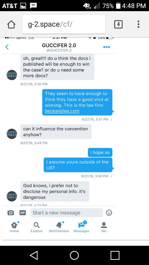 And thats still not all. I find this really interesting too:That afternoon (6/27) Guccifer 2.0 seemed awfully interested in finding out about the pending DNC lawsuit in DM's with Cassandra Fairbanks