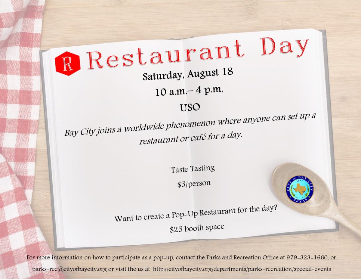 Always wanted to start a cafe? Want to test your recipes? Can do so <a href="/BayCityTX/">Bay City Texas</a> Restaurant Day 18 August! Read about Bay City at bit.ly/2w1uPxv