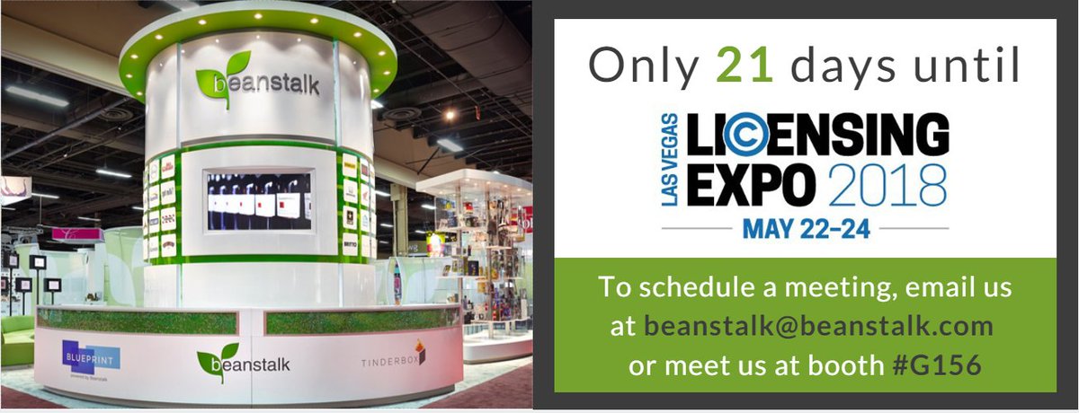 BeanstalkGroup's tweet photo. Only 21 days until @licensingexpo 2018! Like us if you’re attending and comment below with what you are most looking forward to at #LicensingExpo. To schedule a meeting with Beanstalk, email us at beanstalk@beanstalk.com or meet us at booth #G156. We'll see you there! https://t.co/pfM9wcLsf3