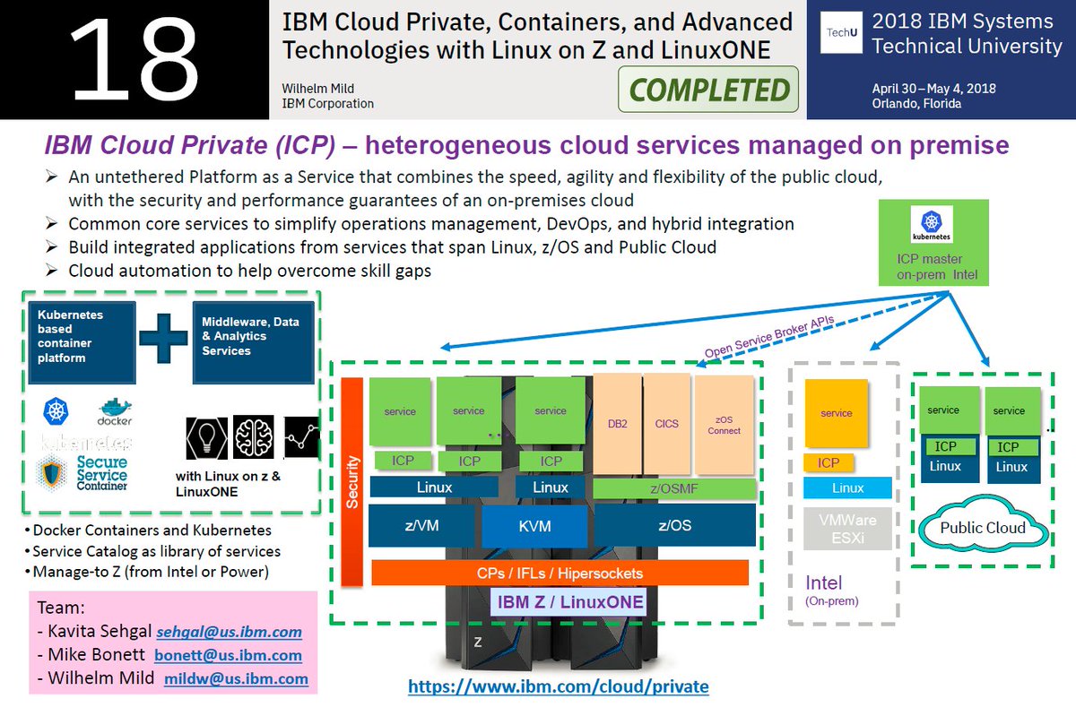 AngelaFresne's tweet image. #IBMCloudPrivate is "an untethered Platform as a Service that combines the speed, agility and flexibility of the public cloud with the security and performance guarantees of an on-premises cloud." Thanks for the great poster @mildw #IBMTechU #IBMLinuxONE