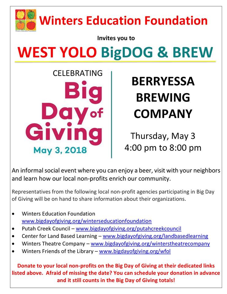 Join us at <a href="/BerryessaBrew/">Berryessa Brewing Co</a> this Thursday with <a href="/LandBasedEd/">Center for Land-Based Learning</a>, @WFoLibrary, <a href="/winterstheatre/">Winters Theatre</a>, and Winters Education Foundation for West Yolo BigDOG &amp; Brew. Learn how these local nonprofits benefit the community. <a href="/bigdayofgiving/">Big Day of Giving</a> #BDOG2018