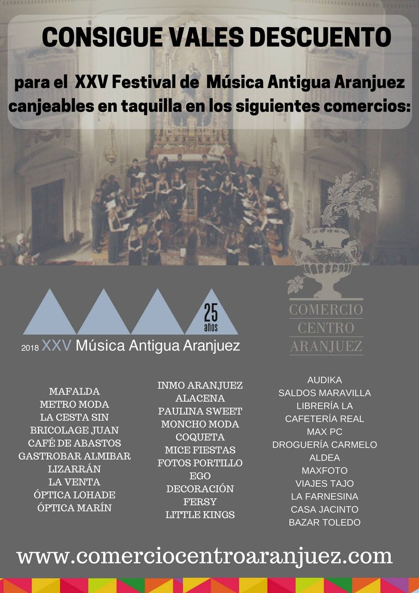 MAntiguAranjuez's tweet photo. Les recordamos que gracias al acuerdo que hemos llegado con Comercio Centro Aranjuez podrán obtener vales descuento canjeables en la taquilla de los espectáculos. #Aranjuez #25FMAA2018 @MAntiguAranjuez @Ayto_Aranjuez @HeraldoAranjuez @aranpress @AranjuezalDia @VisitAranjuez https://t.co/LYK0W45aGl