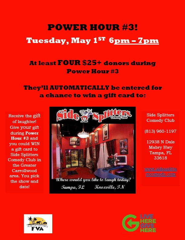 Let's Do This! Power Hour #3 Starts NOW! Don't miss your chance to win our last, our final, gift card opportunity. Send your gift today between 6 and 7 pm and you could be our lucky winner. Help make a difference for the voiceless! givedaytampabay.mightycause.com/story/Vqcglf