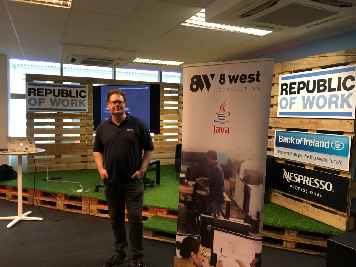 GarthGilmour's tweet photo. Just before my talk this evening on FP with @kotlin and the Arrow Library. Also shared our positive experiences with Kotlin at @instil. Great audience and yummy pizza. Huge thanks to @CorkJug and @corkfunprog for the invite and to @8westconsulting for sponsoring. https://t.co/7T9xoqbjaO