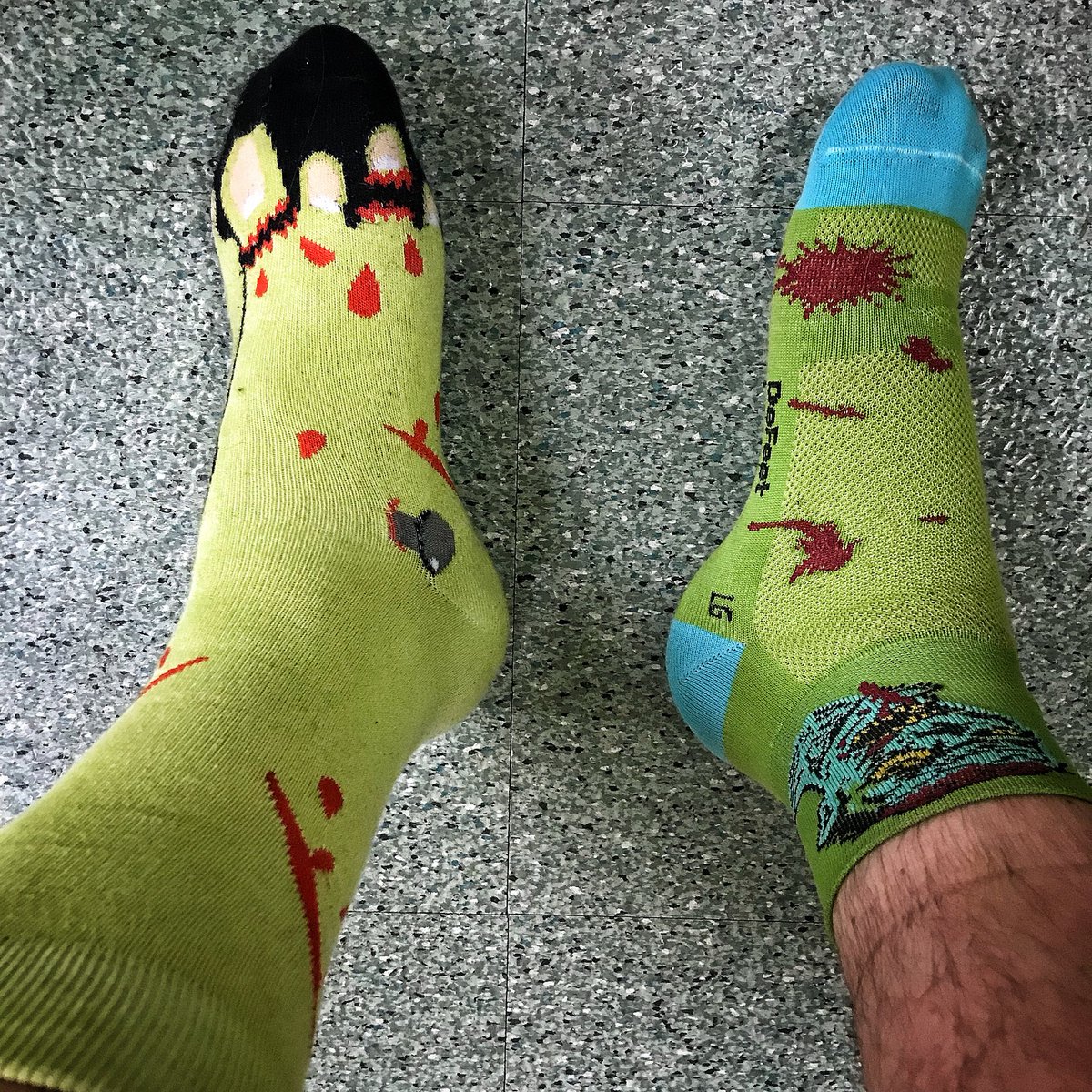 JQCyclist's tweet photo. Socks I wore during work hours on left, socks I wore for the ride home on the right. Yes, I am grown up ... in age, why do you ask? #cycling #bicycling #cyclingfashion #socksonpoint #frankensteinsocks #zombiesocks #strava #wahooligan #bikecommuting https://t.co/E4Vqjdt4Sp