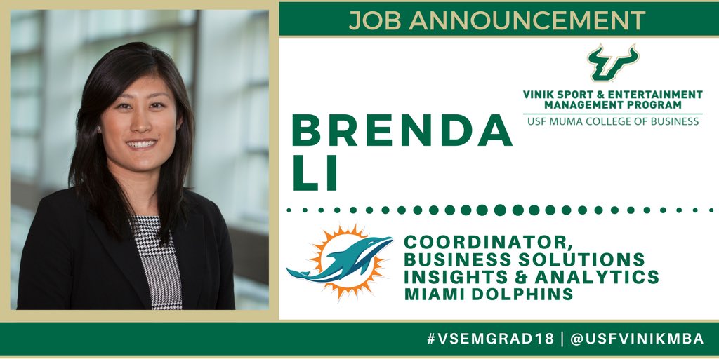 USFVinikMBA's tweet photo. JOB ALERT: Congratulations to Brenda Li who joins the Miami Dolphins (@MiamiDolphins) as a Business Solutions Insights and Analytics Coordinator! #VSEMGrad18 https://t.co/AnUYKtuaaS
